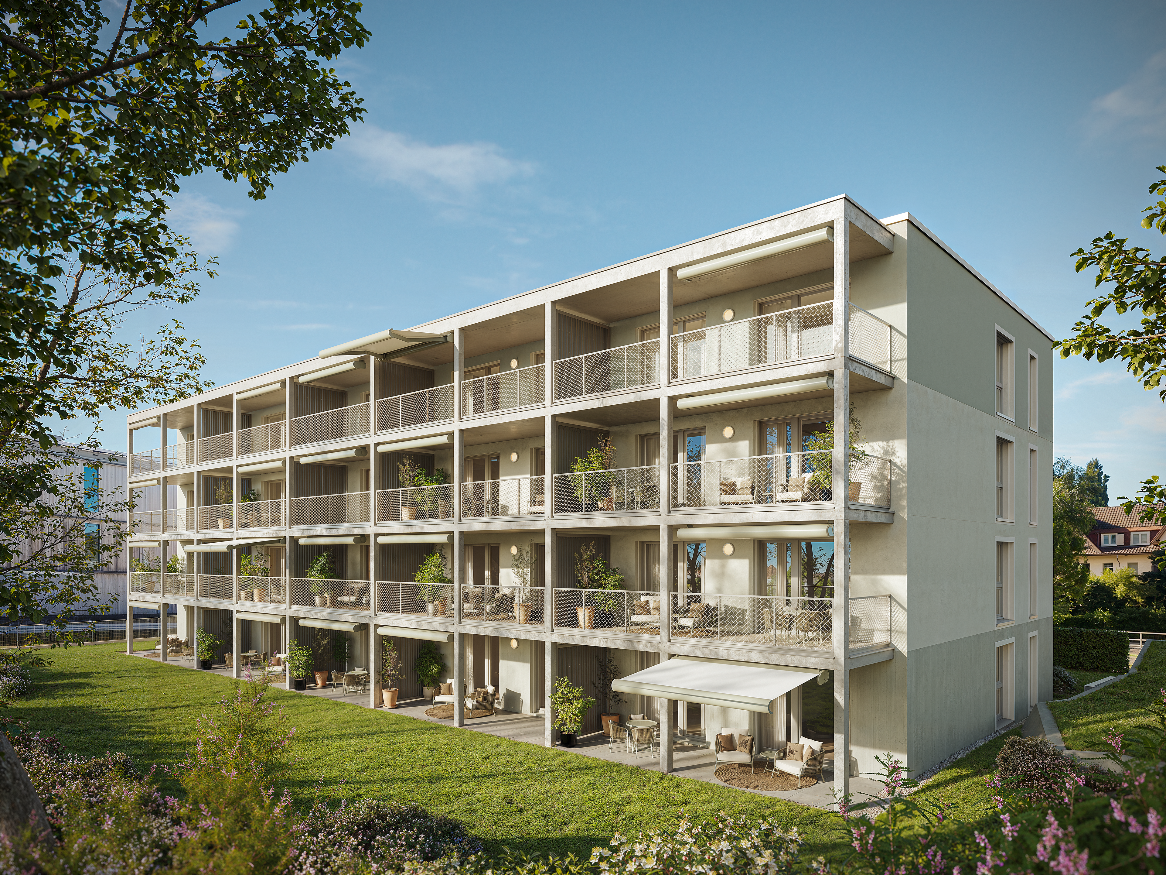 Gartenseitige Fassade mit Balkonen und Laubengang, Nordstrasse 3, Amriswil
